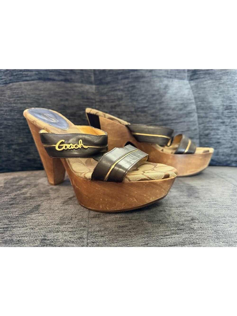 COACH | Jonah | Slide Leather Sandal Wood Heel | Size: Womens 9.5 Black Gold